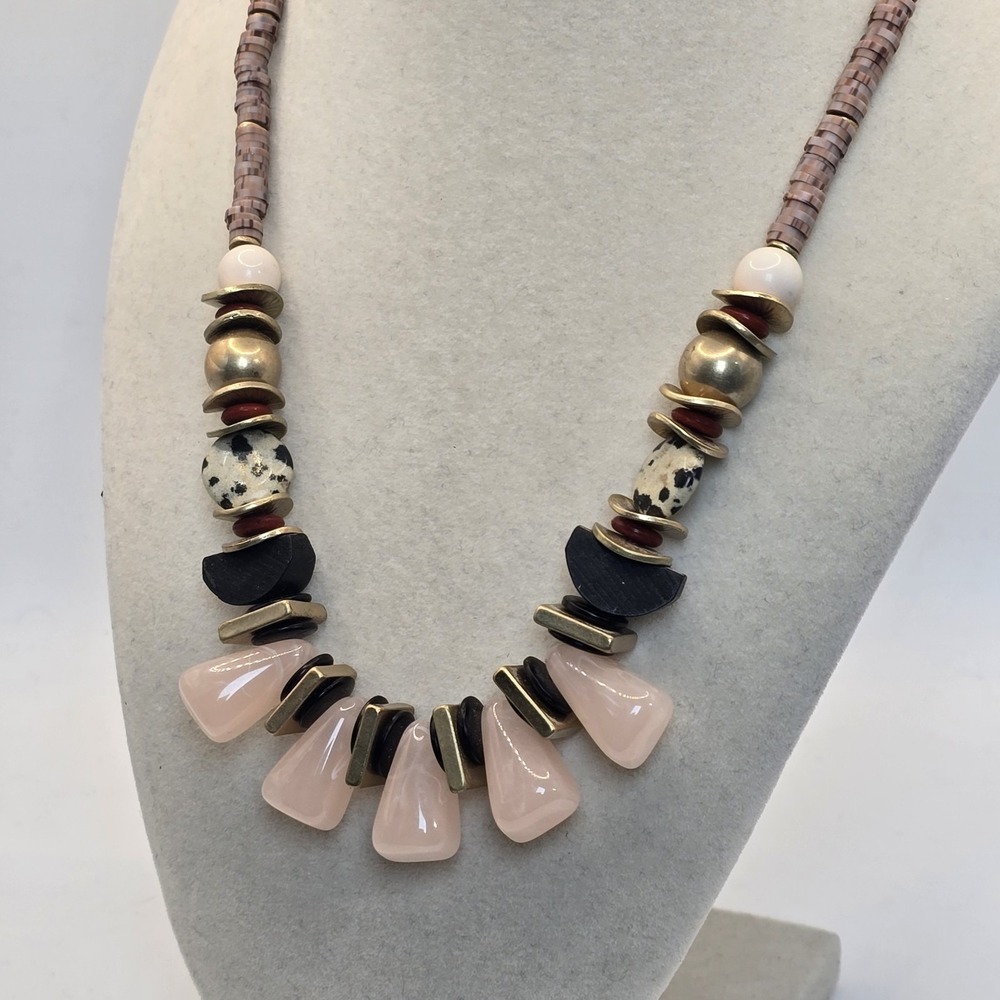 Boho Statement Necklace Rose Quartz‎ Dalmatian Jasper Mixed Media 18–22" - Picture 4 of 9